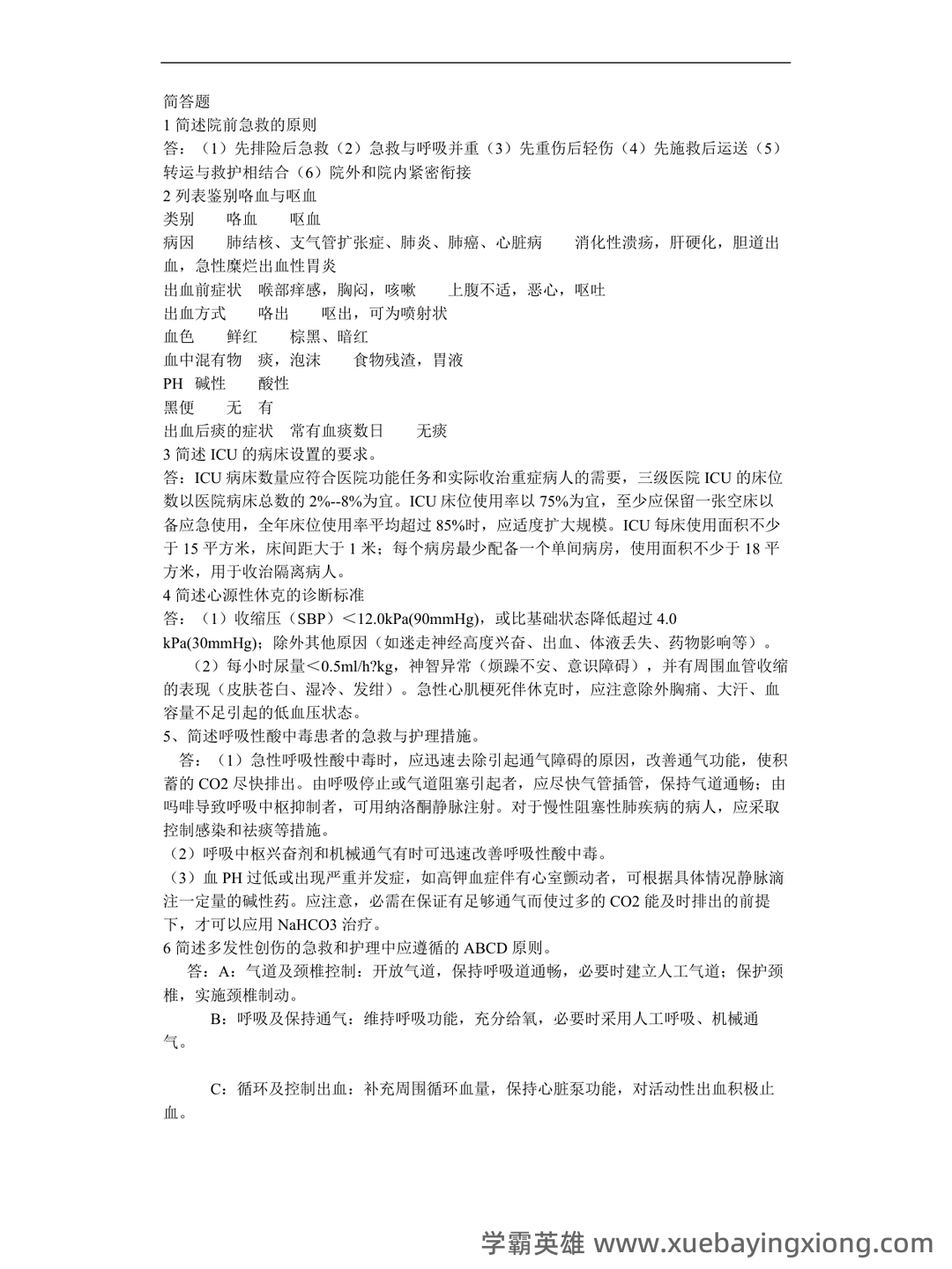 《急救护理学》期末考试重点总结 急救护理学期末复习资料+题库及答案+知识点汇总+简答题+名词解释 - 02_《急救护理学》复习资料_《急救护理学》简答题_第1页_学霸英雄_www.xuebayingxiong.com 《急救护理学》期末考试重点总结 急救护理学期末复习资料+题库及答案+知识点汇总+简答题+名词解释 - 02_《急救护理学》复习资料_《急救护理学》简答题_第1页_学霸英雄_www.xuebayingxiong.com
