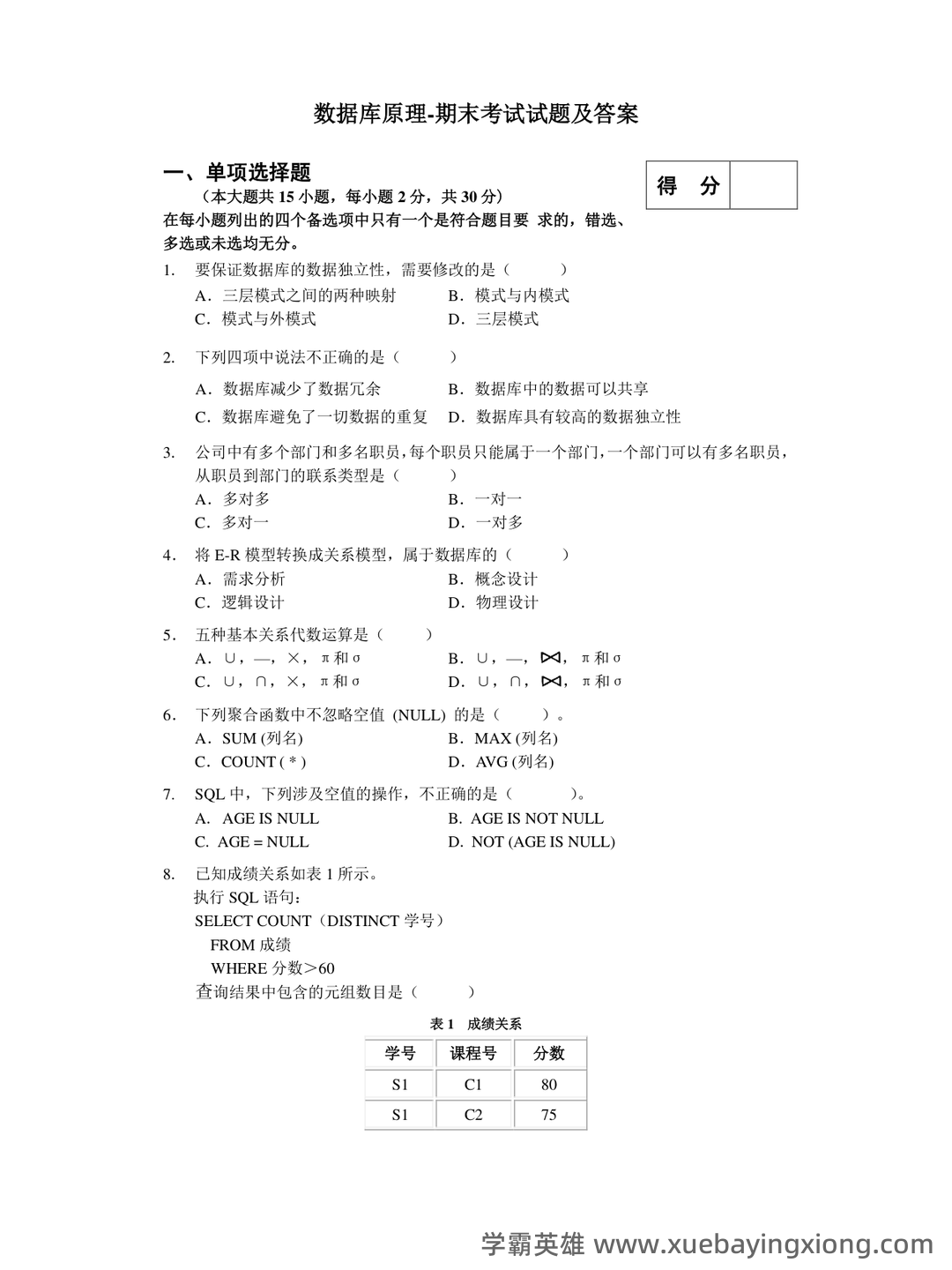 《SQL Server数据库技术》期末复习试题12套含答案 – 数据库原理 - 02_《数据库原理》复习资料_《数据库原理》期末考试试题及答案_第1页_学霸英雄_www.xuebayingxiong.com 《SQL Server数据库技术》期末复习试题12套含答案 – 数据库原理 - 02_《数据库原理》复习资料_《数据库原理》期末考试试题及答案_第1页_学霸英雄_www.xuebayingxiong.com