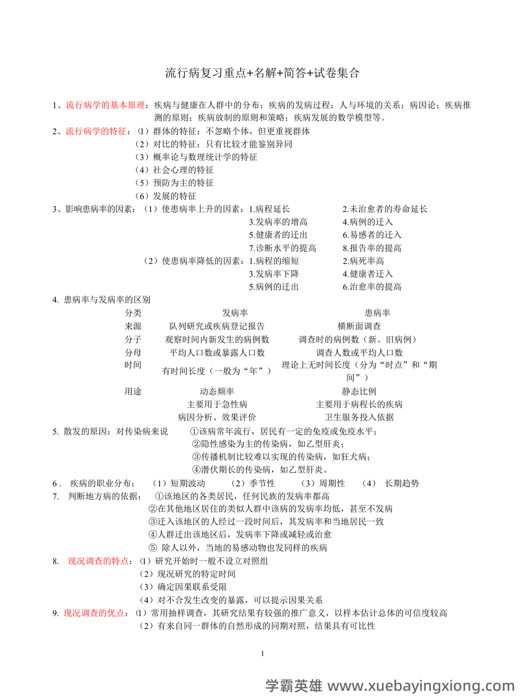 预防医学专业流行病学名词解释和简答题集锦(温医) - 03_《流行病学》复习资料_《流行病学》重点总结_第1页_学霸英雄_www.xuebayingxiong.com 预防医学专业流行病学名词解释和简答题集锦(温医) - 03_《流行病学》复习资料_《流行病学》重点总结_第1页_学霸英雄_www.xuebayingxiong.com