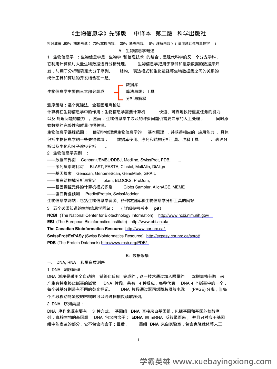 中科院生物信息学期末考试复习题 - 02_《生物信息学》复习资料_《生物信息学》复习资料_第1页_学霸英雄_www.xuebayingxiong.com
