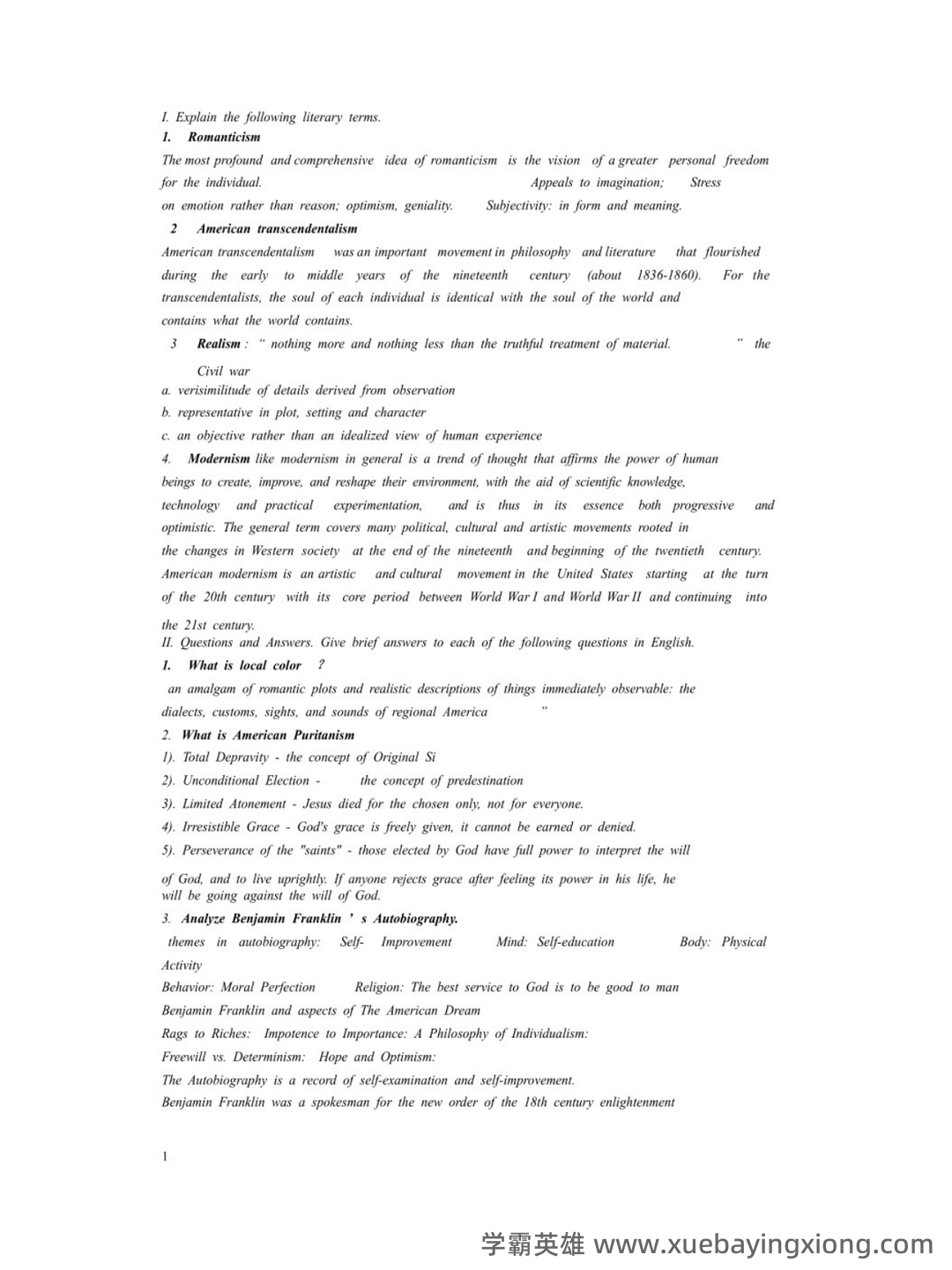 《美国文学史及选读》考试题型及复习要点2017 - 01_《美国文学史》复习资料_《美国文学史》名词解释_第1页_学霸英雄_www.xuebayingxiong.com 《美国文学史及选读》考试题型及复习要点2017 - 01_《美国文学史》复习资料_《美国文学史》名词解释_第1页_学霸英雄_www.xuebayingxiong.com