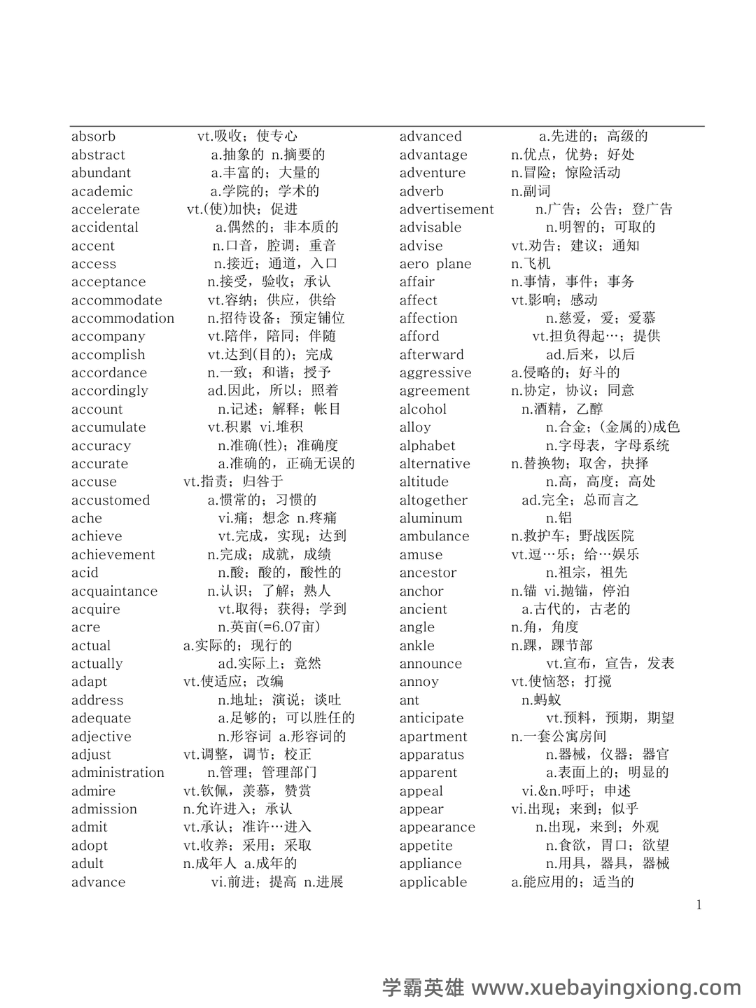 大学英语四级速成复习资料：备考必备免费资料全收录 - 22_《英语四级》备考资料_《英语四级》阅读重点词汇_第1页_学霸英雄_www.xuebayingxiong.com
