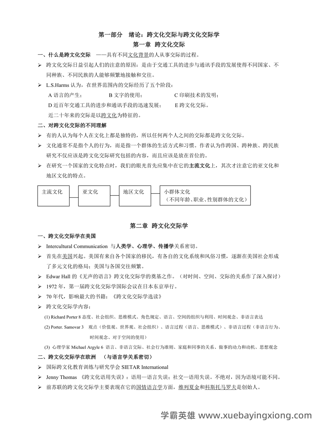 跨文化交际学期末重点复习：填空简答要点笔记 - 02_《跨文化交际学》复习资料_《跨文化交际学》概论笔记(打印版)_第1页_学霸英雄_www.xuebayingxiong.com
